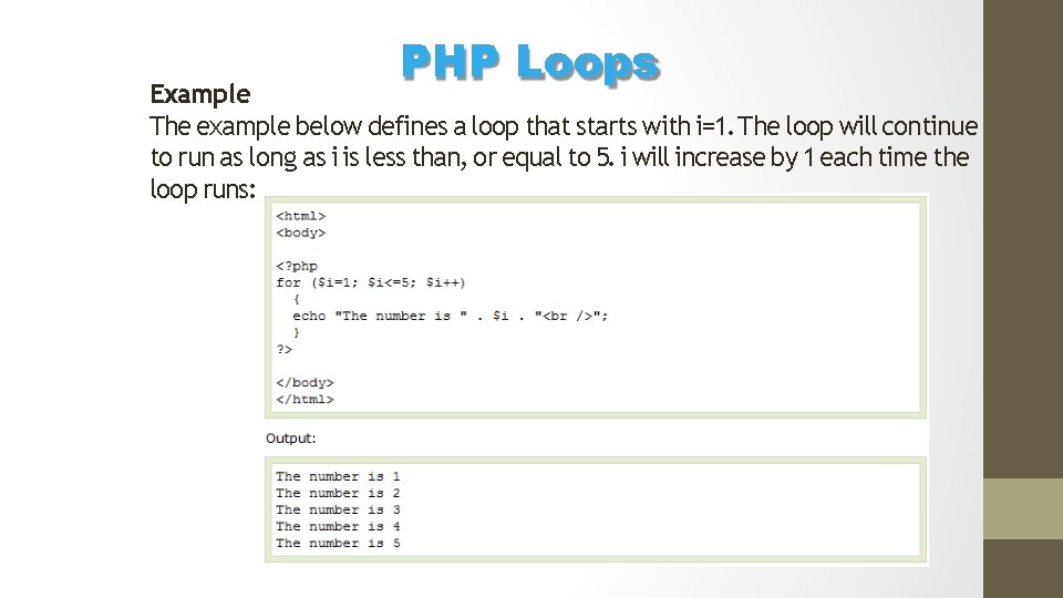 PHP Loops Example The example below defines a loop that starts with i=1. The