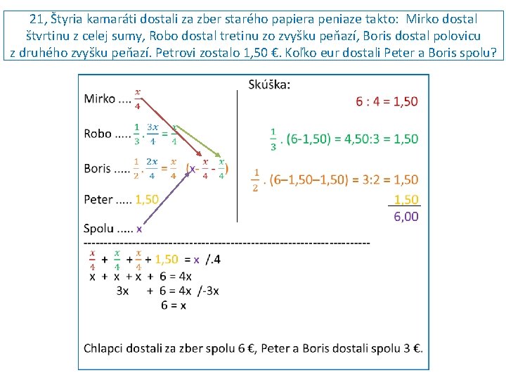 21, Štyria kamaráti dostali za zber starého papiera peniaze takto: Mirko dostal štvrtinu z