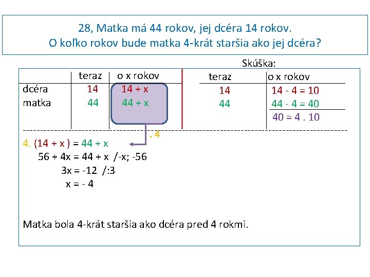 28, Matka má 44 rokov, jej dcéra 14 rokov. O koľko rokov bude matka