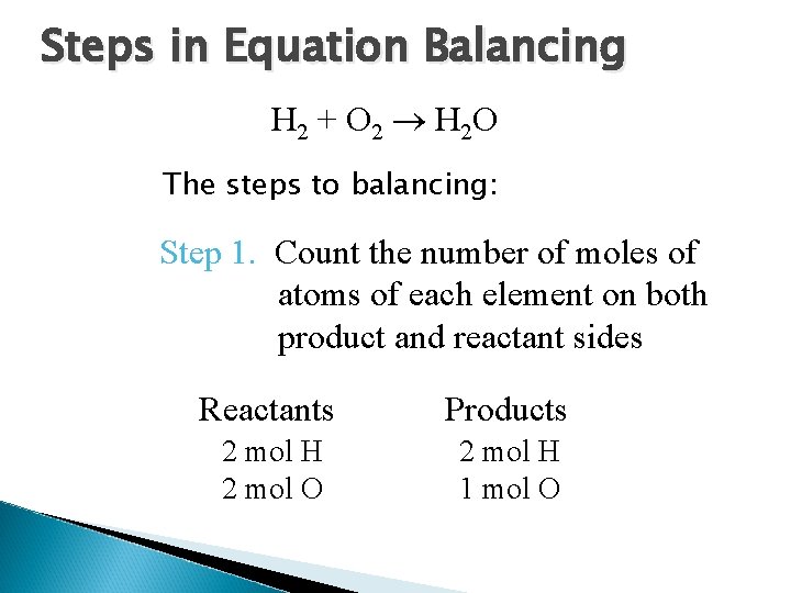 Steps in Equation Balancing H 2 + O 2 H 2 O The steps