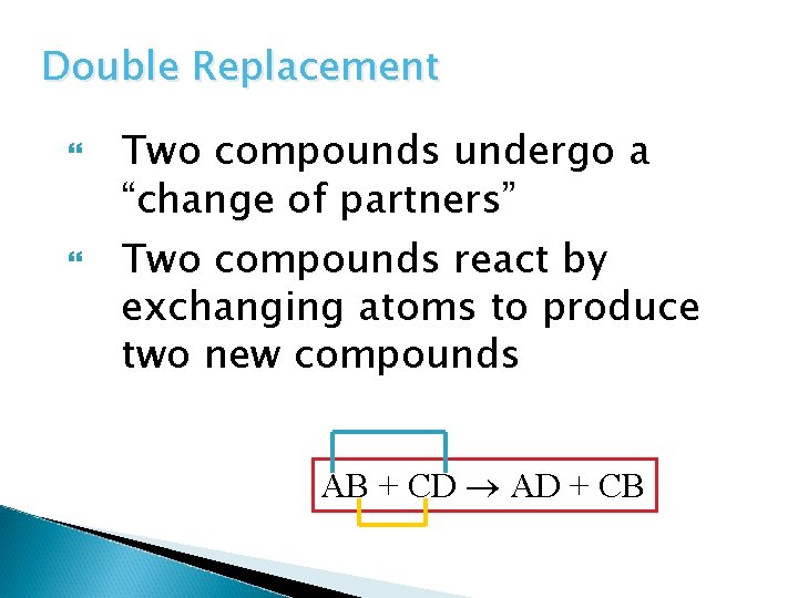 Double Replacement Two compounds undergo a “change of partners” Two compounds react by exchanging