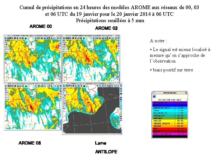 Cumul de précipitations en 24 heures des modèles AROME aux réseaux de 00, 03