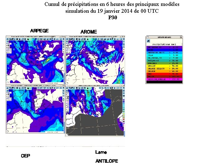 Cumul de précipitations en 6 heures des principaux modèles simulation du 19 janvier 2014