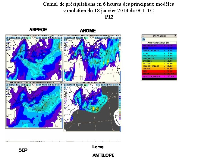 Cumul de précipitations en 6 heures des principaux modèles simulation du 18 janvier 2014