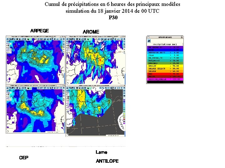 Cumul de précipitations en 6 heures des principaux modèles simulation du 18 janvier 2014