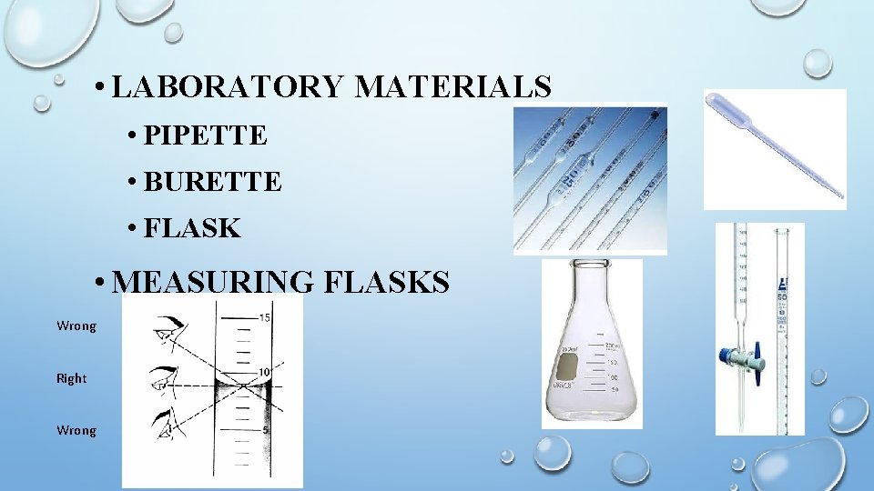  • LABORATORY MATERIALS • PIPETTE • BURETTE • FLASK • MEASURING FLASKS Wrong