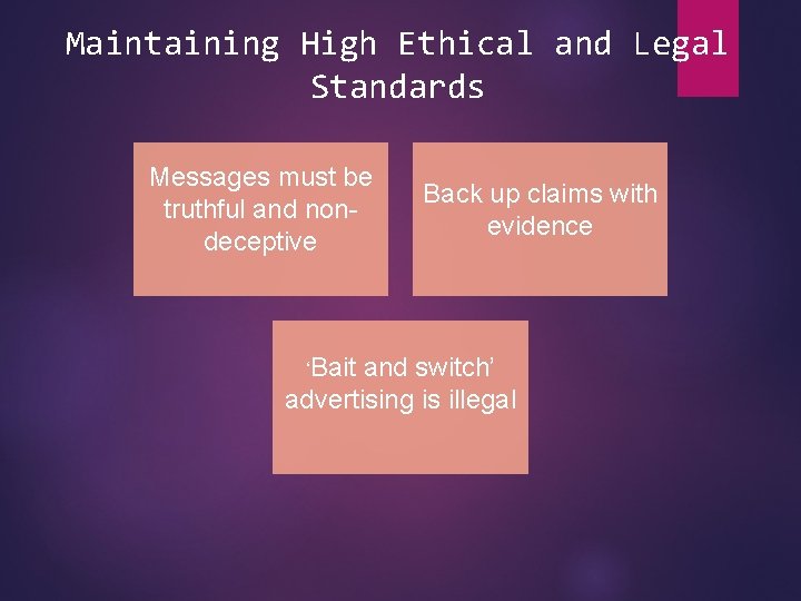 Maintaining High Ethical and Legal Standards Messages must be truthful and nondeceptive ‘Bait Back