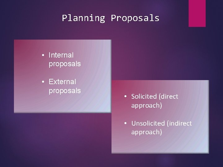 Planning Proposals • Internal proposals • External proposals • Solicited (direct approach) • Unsolicited