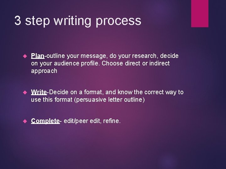 3 step writing process Plan-outline your message, do your research, decide on your audience