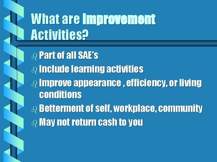 What are Improvement Activities? b Part of all SAE’s b Include learning activities b