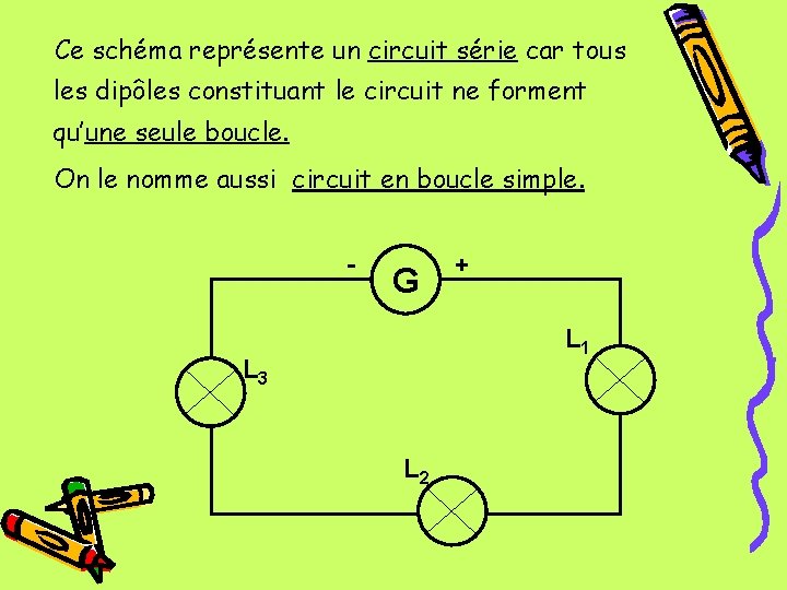 Ce schéma représente un circuit série car tous les dipôles constituant le circuit ne