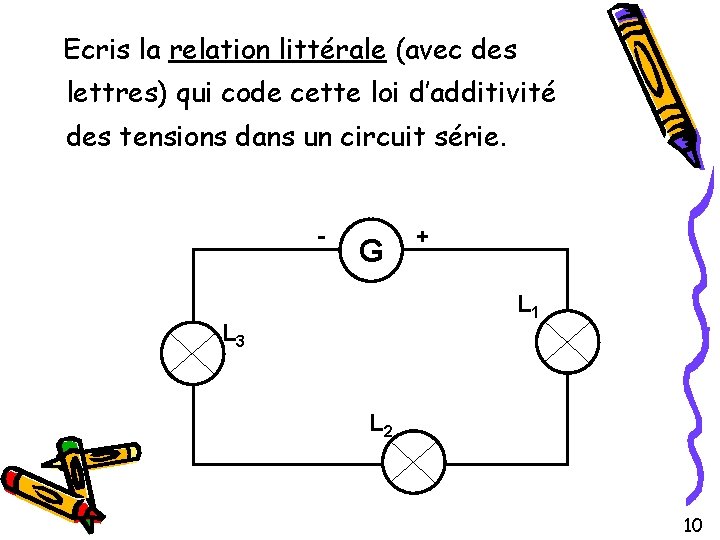 Ecris la relation littérale (avec des lettres) qui code cette loi d’additivité des tensions