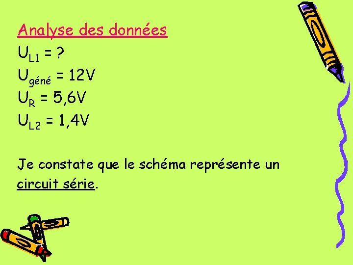 Analyse des données UL 1 = ? Ugéné = 12 V UR = 5,