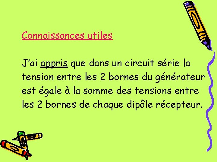 Connaissances utiles J’ai appris que dans un circuit série la tension entre les 2