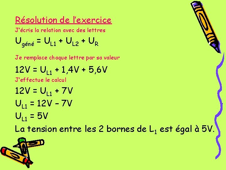 Résolution de l’exercice J’écris la relation avec des lettres Ugéné = UL 1 +