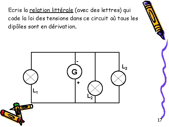 Ecris la relation littérale (avec des lettres) qui code la loi des tensions dans