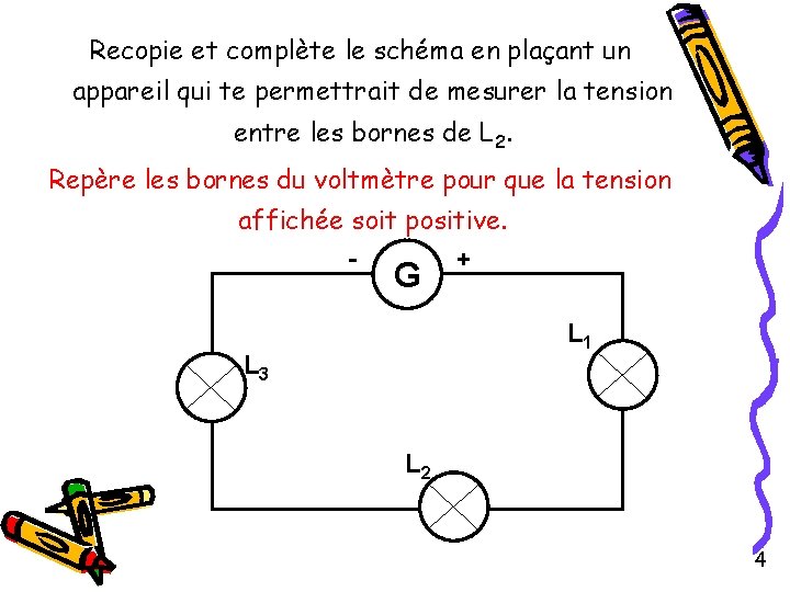 Recopie et complète le schéma en plaçant un appareil qui te permettrait de mesurer