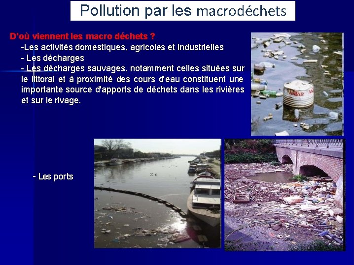Pollution par les macrodéchets D'où viennent les macro déchets ? -Les activités domestiques, agricoles