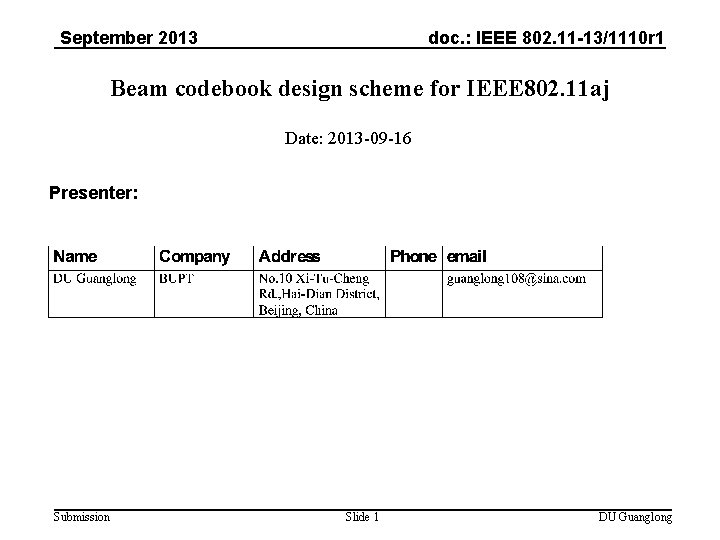 September 2013 doc. : IEEE 802. 11 -13/1110 r 1 Beam codebook design scheme