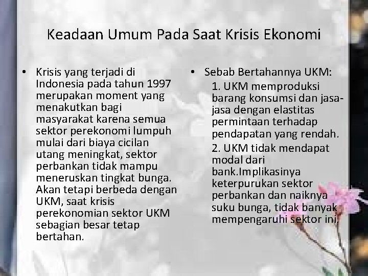 Keadaan Umum Pada Saat Krisis Ekonomi • Krisis yang terjadi di Indonesia pada tahun