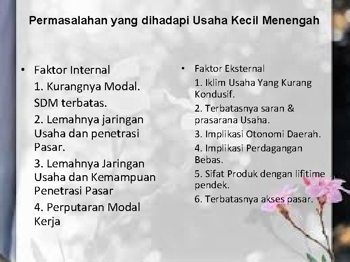 Permasalahan yang dihadapi Usaha Kecil Menengah • Faktor Internal 1. Kurangnya Modal. SDM terbatas.