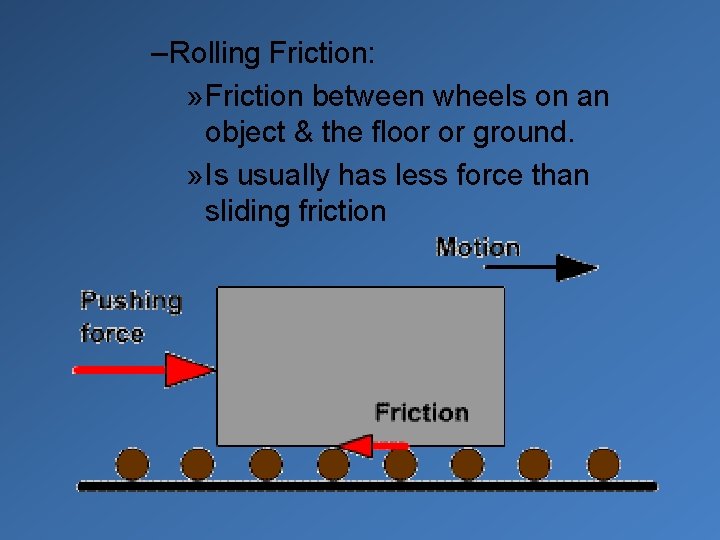 – Rolling Friction: » Friction between wheels on an object & the floor or