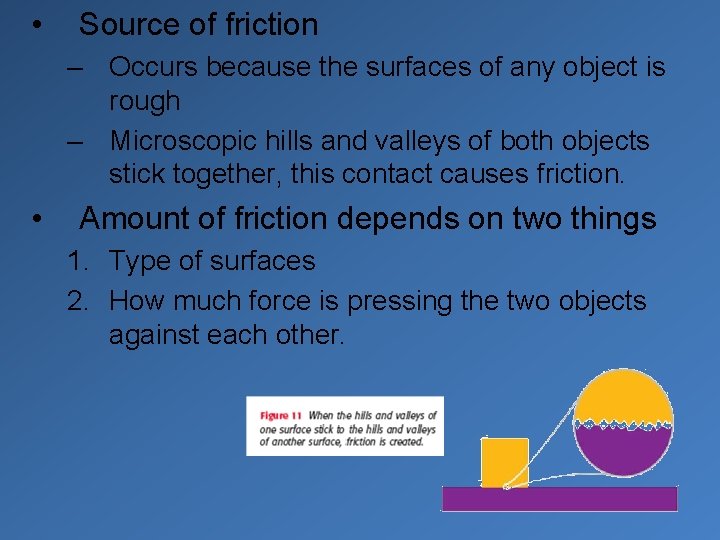  • Source of friction – Occurs because the surfaces of any object is