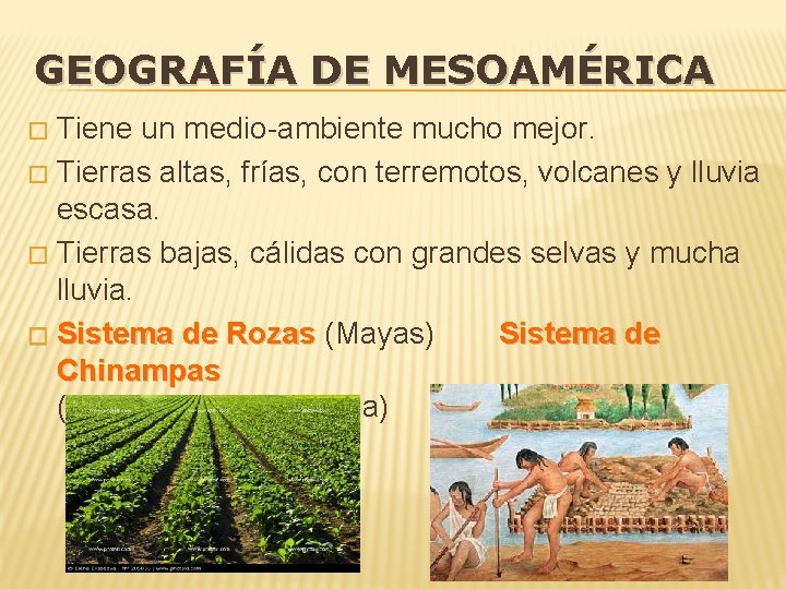 GEOGRAFÍA DE MESOAMÉRICA Tiene un medio-ambiente mucho mejor. � Tierras altas, frías, con terremotos,