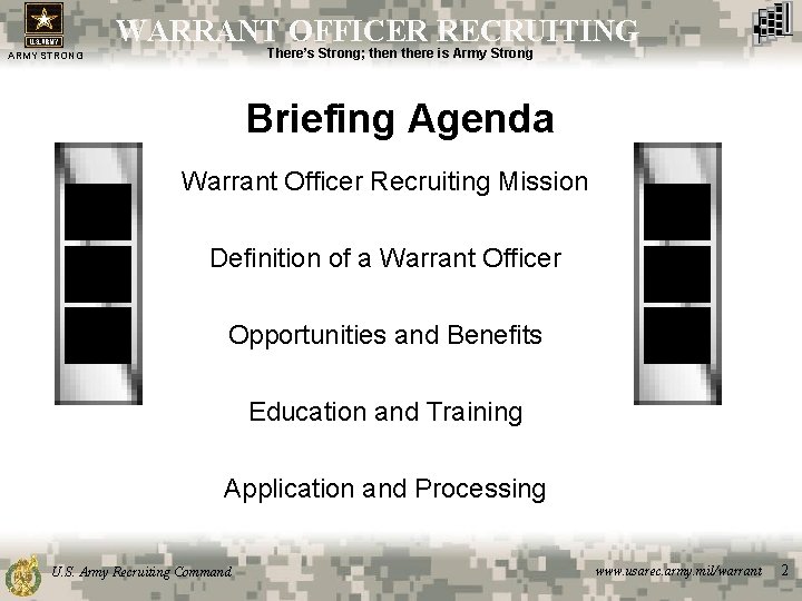 WARRANT OFFICER RECRUITING There’s Strong; then there is Army Strong ARMY STRONG Briefing Agenda