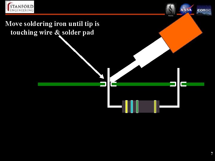 Move soldering iron until tip is touching wire & solder pad 7 