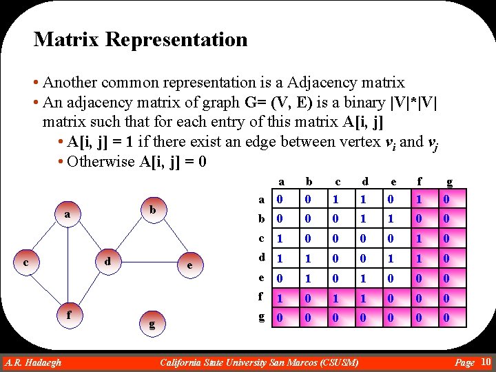 Matrix Representation • Another common representation is a Adjacency matrix • An adjacency matrix
