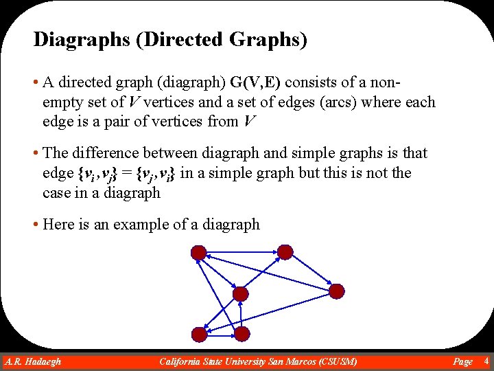 Diagraphs (Directed Graphs) • A directed graph (diagraph) G(V, E) consists of a nonempty