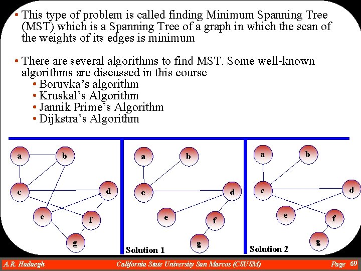  • This type of problem is called finding Minimum Spanning Tree (MST) which