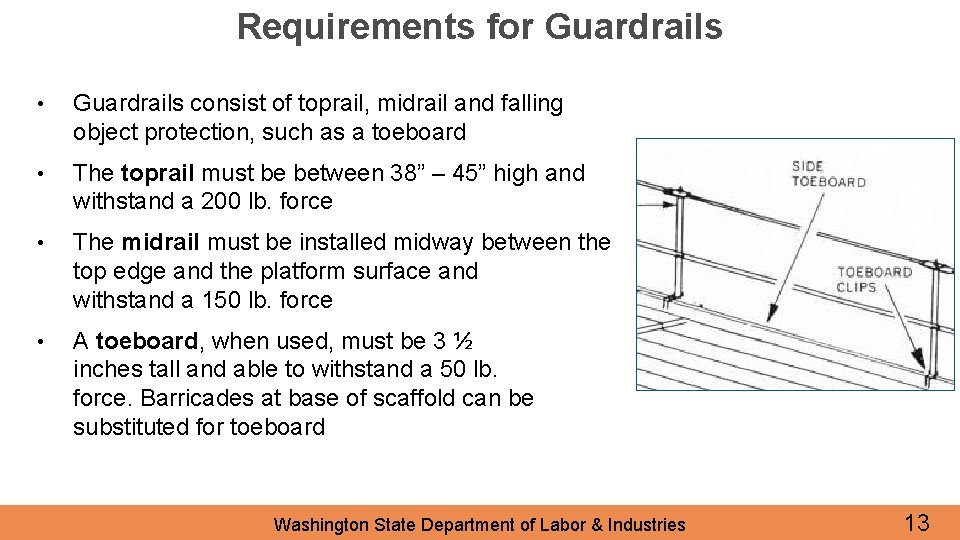Requirements for Guardrails • Guardrails consist of toprail, midrail and falling object protection, such