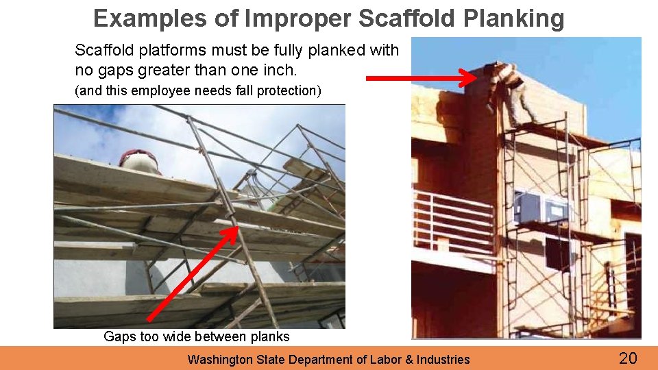 Examples of Improper Scaffold Planking Scaffold platforms must be fully planked with no gaps