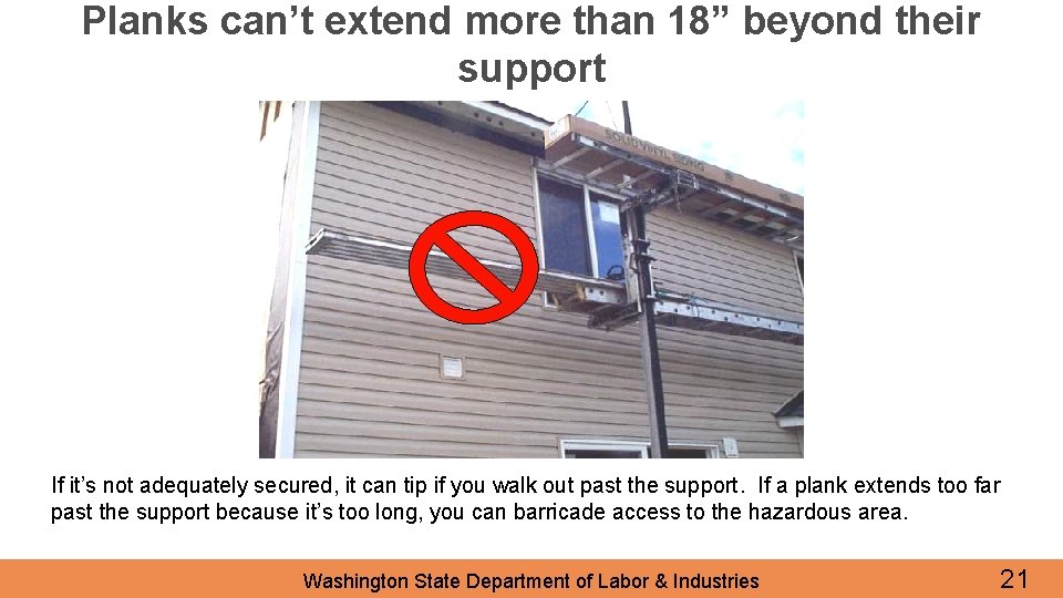 Planks can’t extend more than 18” beyond their support If it’s not adequately secured,