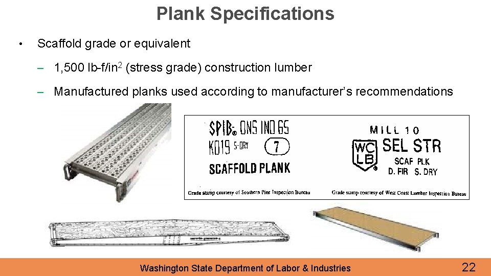 Plank Specifications • Scaffold grade or equivalent – 1, 500 lb-f/in 2 (stress grade)