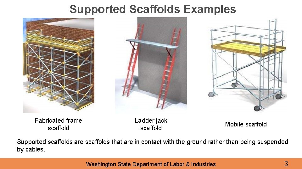 Supported Scaffolds Examples Fabricated frame scaffold Ladder jack scaffold Mobile scaffold Supported scaffolds are