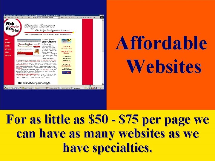 Affordable Websites For as little as $50 - $75 per page we can have