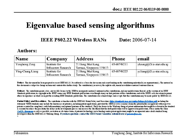doc. : IEEE 802. 22 -06/0119 -00 -0000 Eigenvalue based sensing algorithms IEEE P