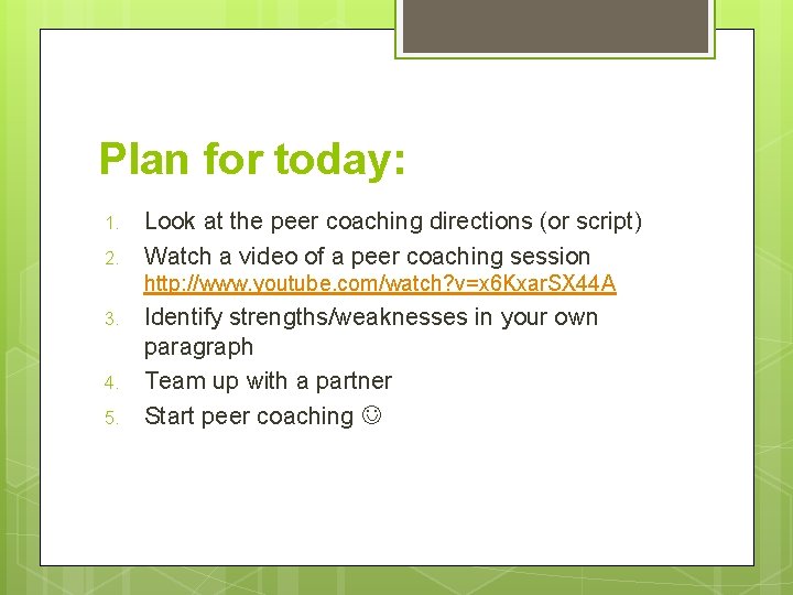 Plan for today: 1. 2. Look at the peer coaching directions (or script) Watch
