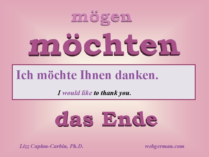 Ich möchte Ihnen danken. I would like to thank you. Lizz Caplan-Carbin, Ph. D.