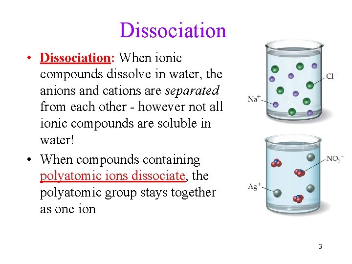 Dissociation • Dissociation: When ionic compounds dissolve in water, the anions and cations are