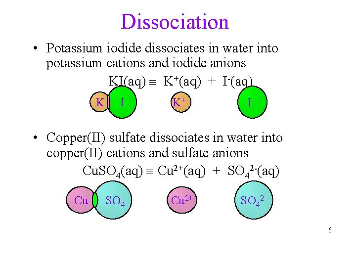 Dissociation • Potassium iodide dissociates in water into potassium cations and iodide anions KI(aq)