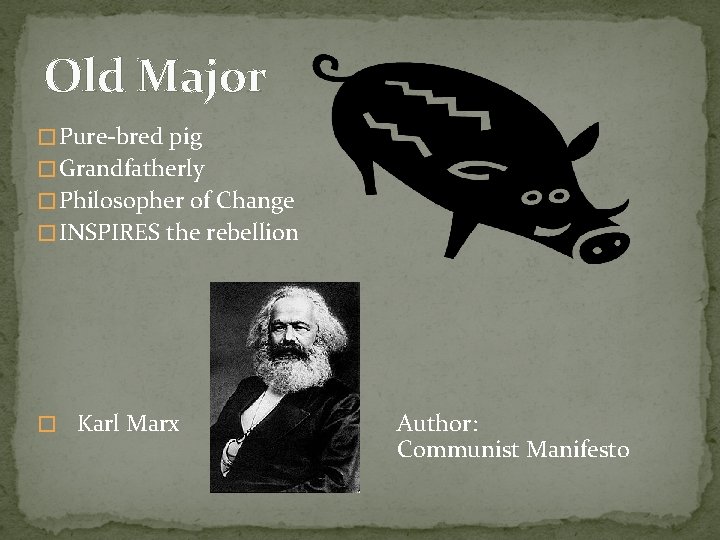 Old Major � Pure-bred pig � Grandfatherly � Philosopher of Change � INSPIRES the