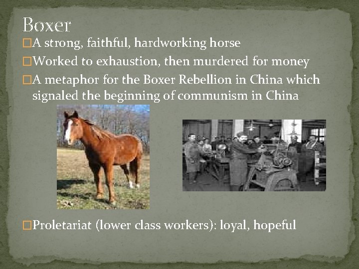 Boxer �A strong, faithful, hardworking horse �Worked to exhaustion, then murdered for money �A