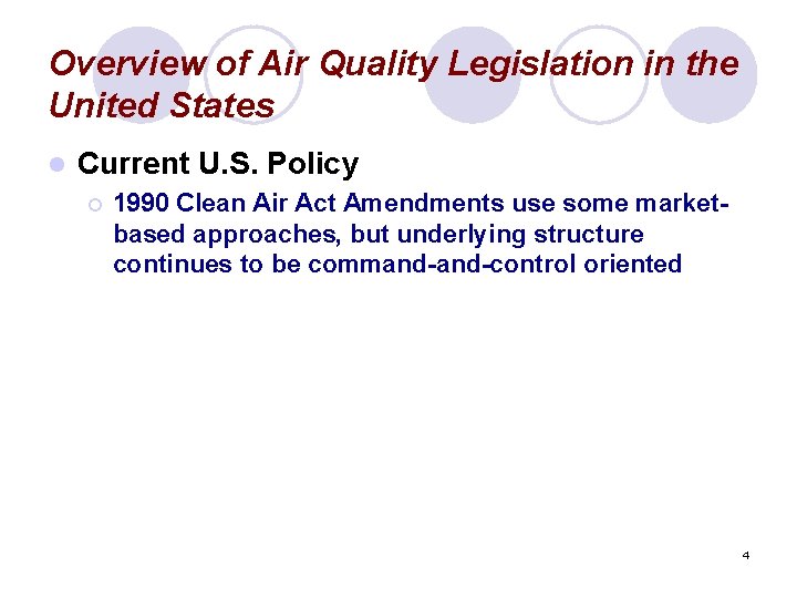 Overview of Air Quality Legislation in the United States l Current U. S. Policy