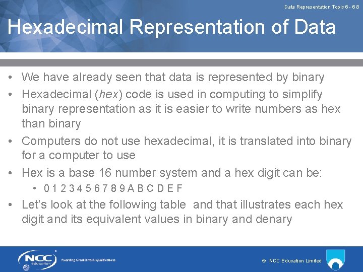 Data Representation Topic 6 - 6. 8 Hexadecimal Representation of Data • We have