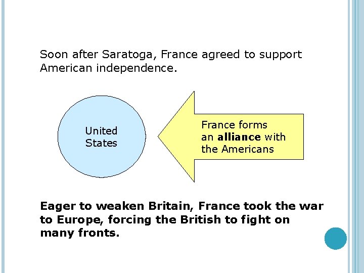 Soon after Saratoga, France agreed to support American independence. United States France forms an