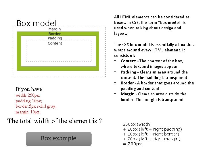 Box model If you have width: 250 px; padding: 10 px; border: 5 px